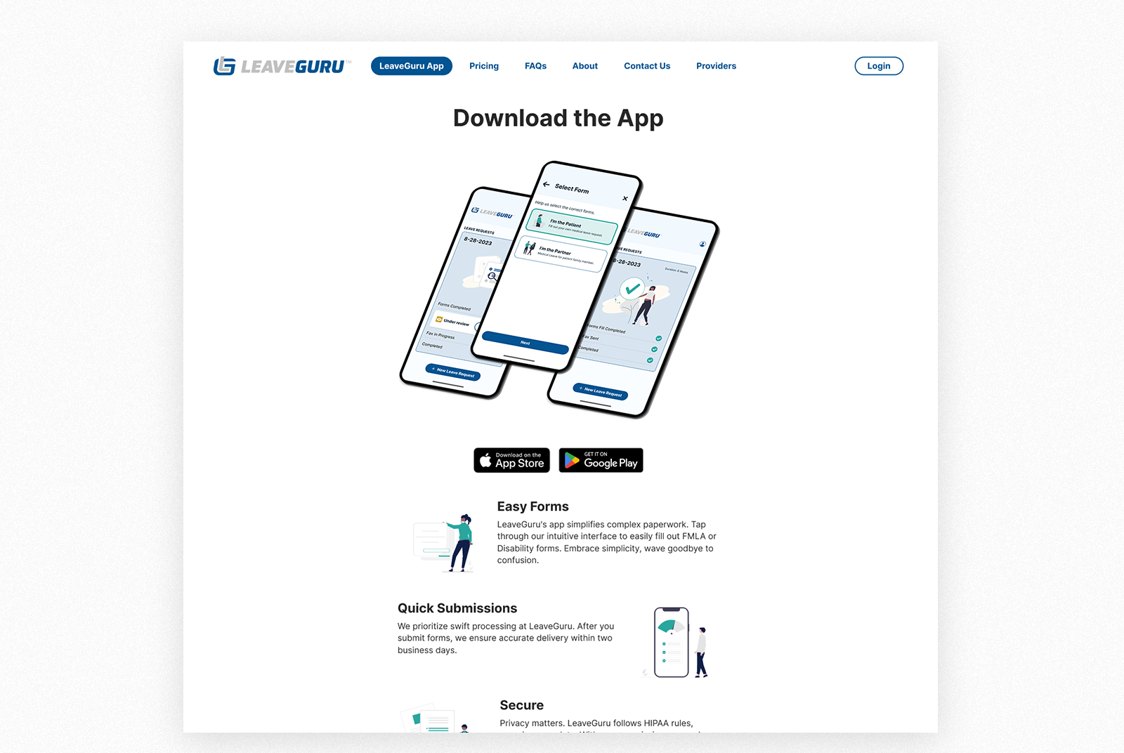 Download the App section with phone mockups and feature highlights — Easy Forms, Quick Submissions, Secure