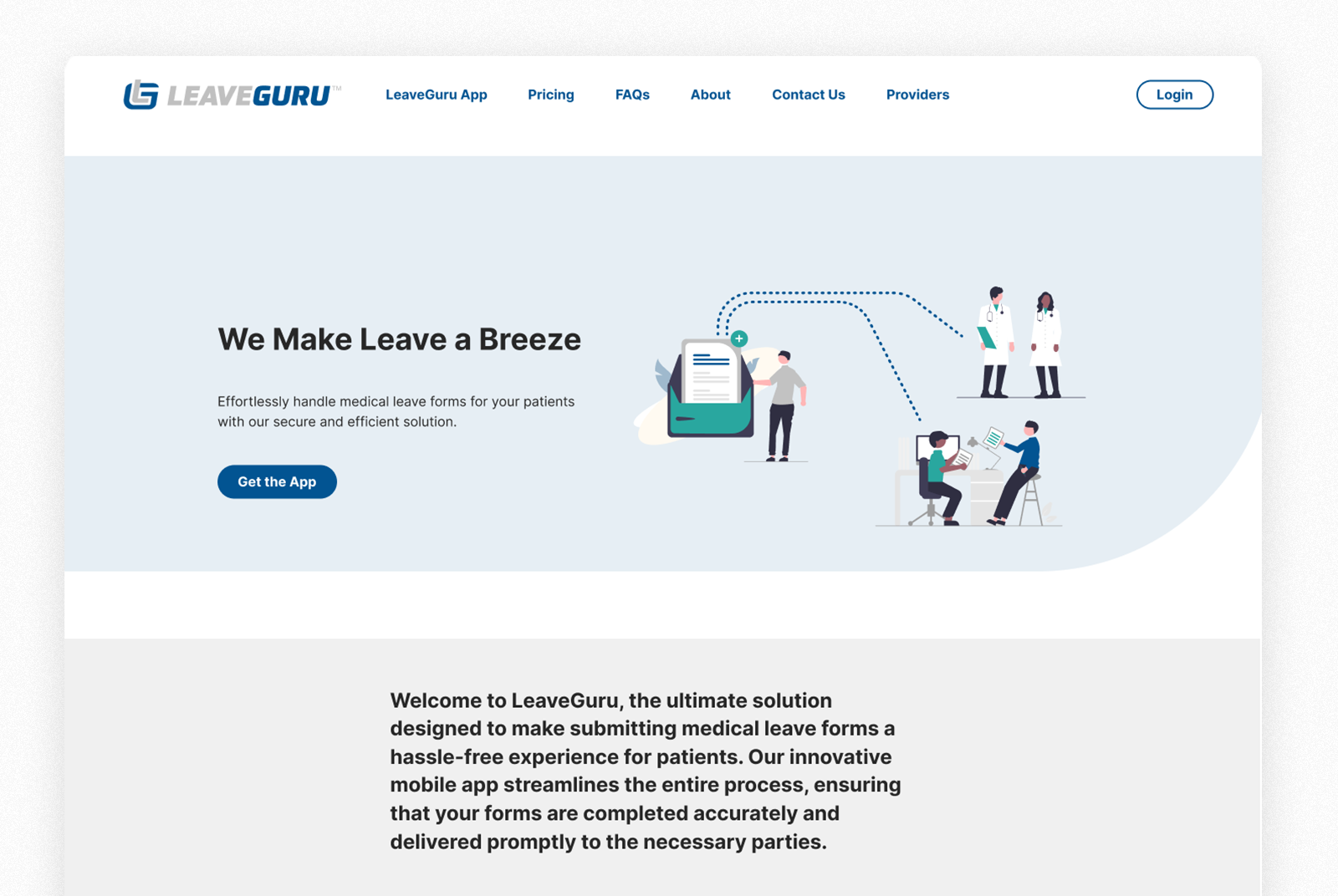LeaveGuru homepage with hero section, tagline “We Make Leave a Breeze,” and workflow illustrations