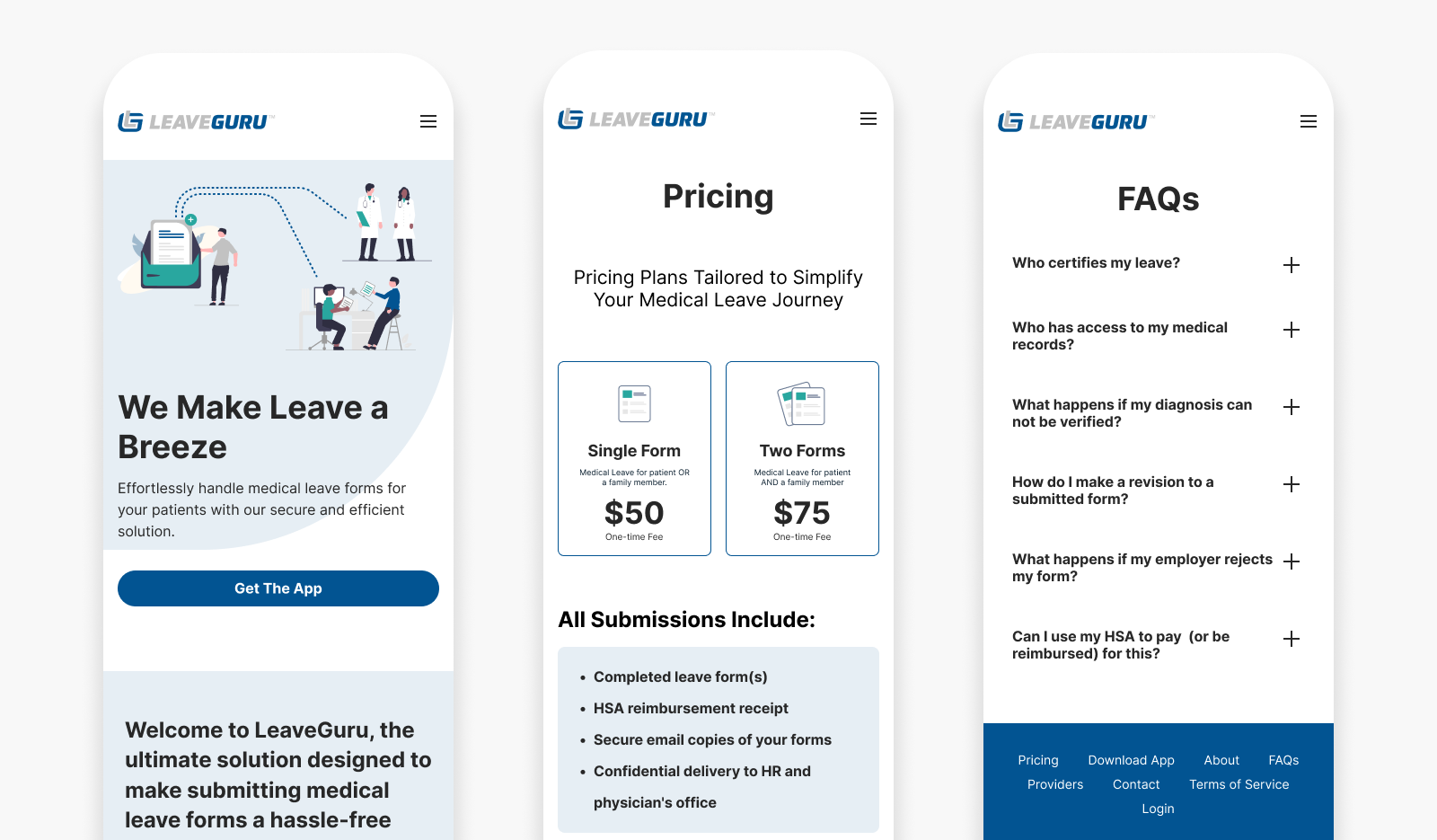 Mobile mockups showing LeaveGuru landing, pricing, and FAQs pages
